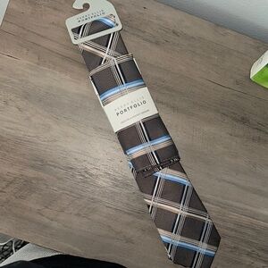 Perry Ellis Brown and Blue Striped Tie & Pocket Square